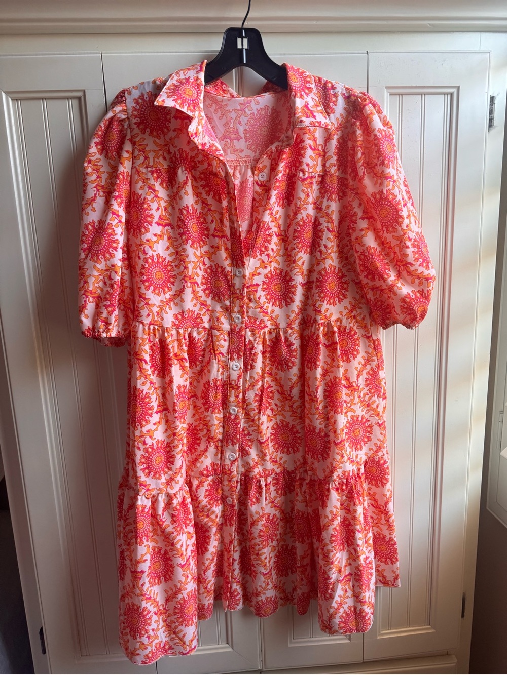 Source Unknown Pink & Orange Floral Tiered Button Front Dress